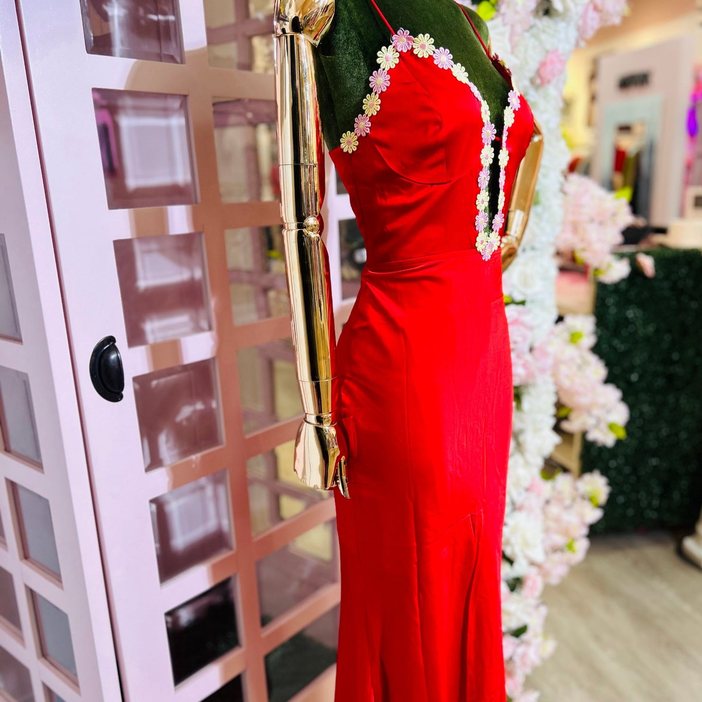 Flower Trim Satin Dress