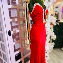 Load image into Gallery viewer, Flower Trim Satin Dress
