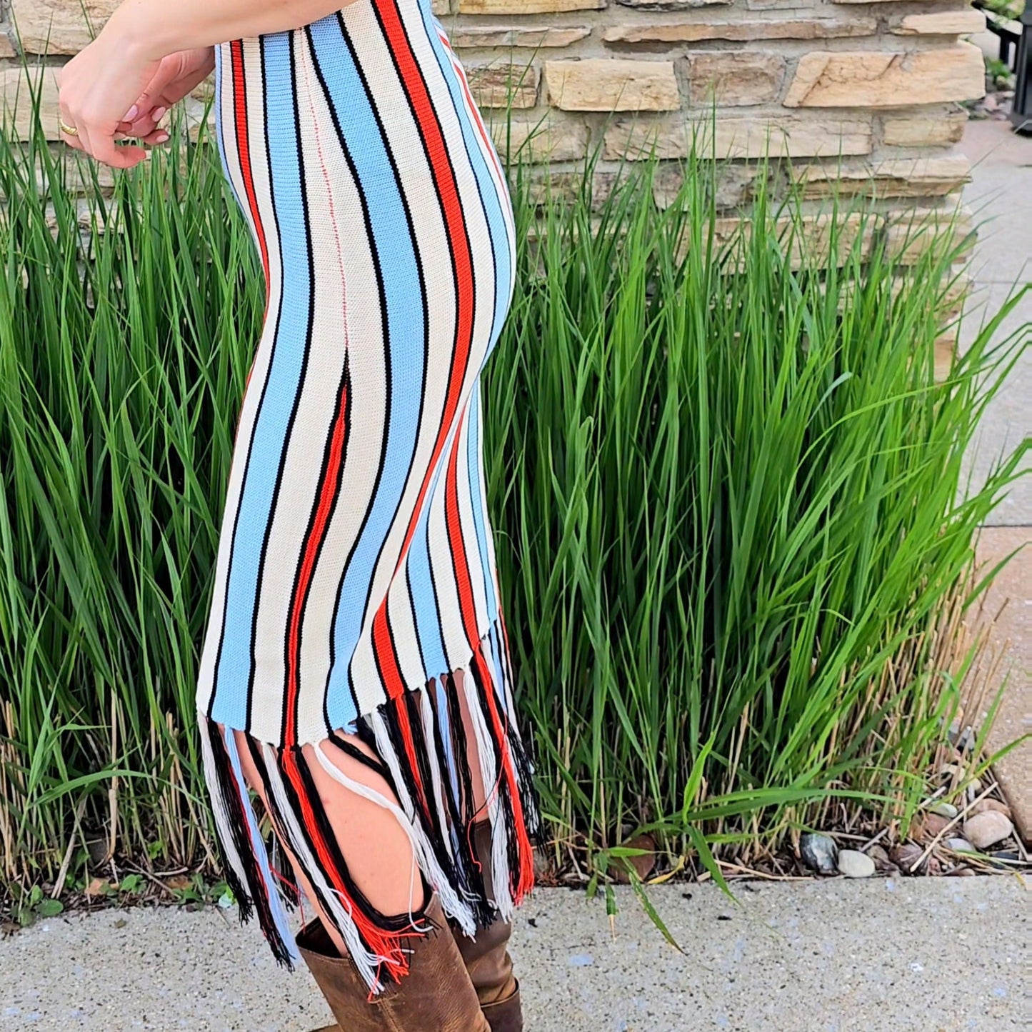 Striped Knit Fringe Dress