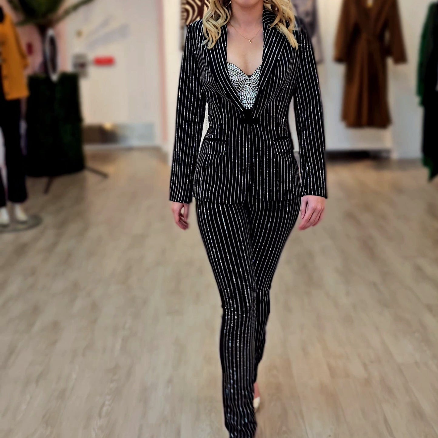 Pinstripe Rhinestone Blazer