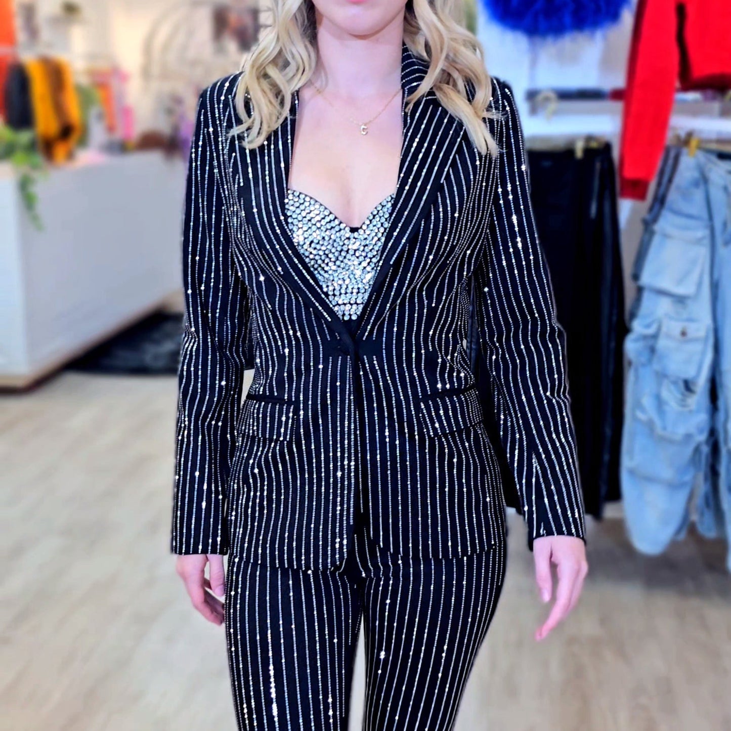 Pinstripe Rhinestone Blazer