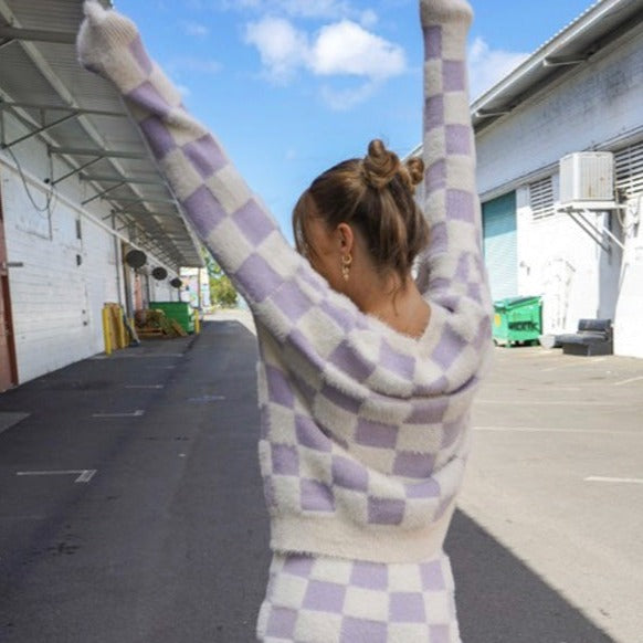 Lilac / Black Checkered Fuzzy Sweater